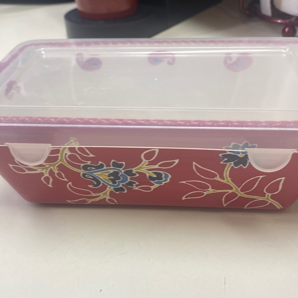 vb Loaf Pan with Lid Two Handles Ceramic Flowers Poinsettias